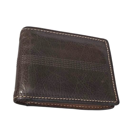 Vtg Fossil Distressed Brown Leather Fold Wallet Tan Stitching Mens - Picture 2 of 9